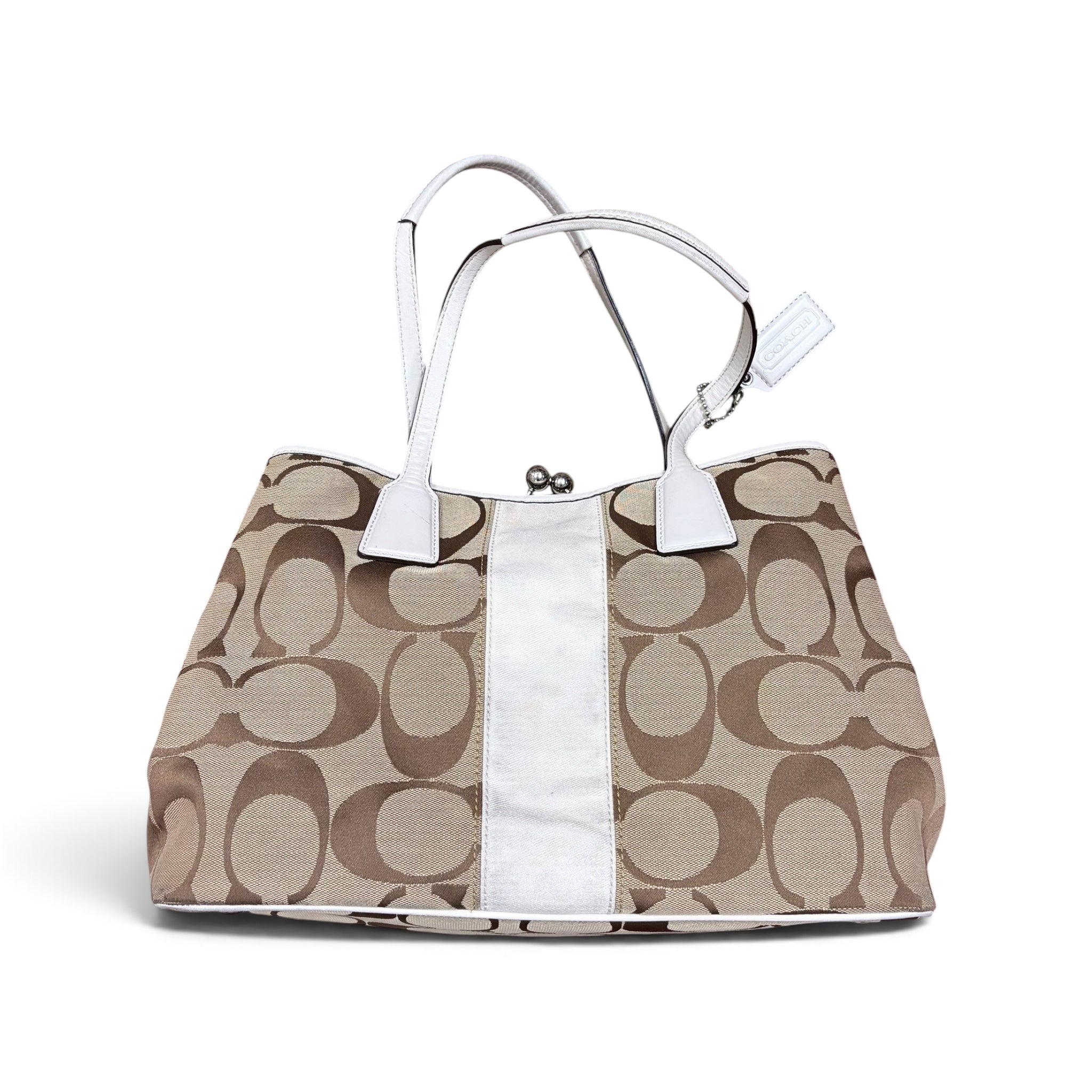 Vintage Coach Signature Kiss Lock Tote Bag Tan