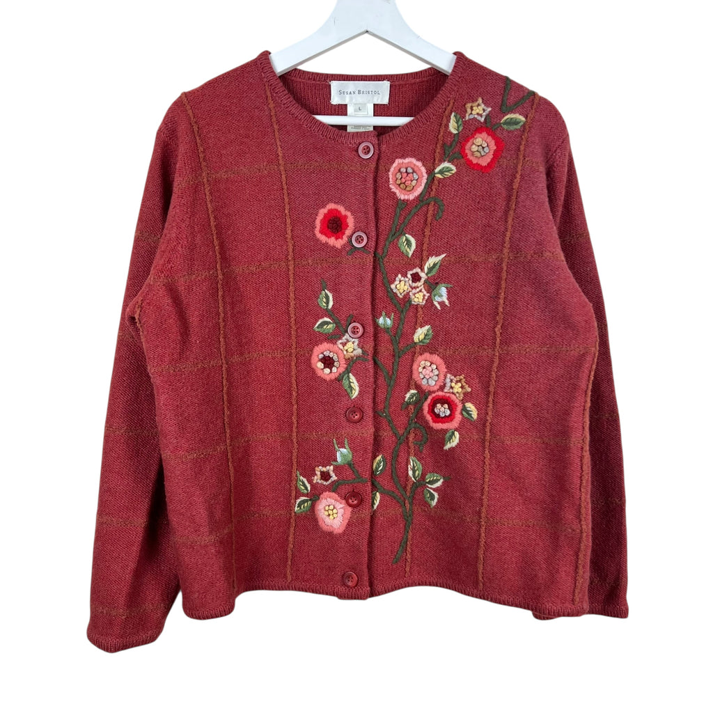 Vintage Susan Bristol Handknit Flower Cardigan Burgundy