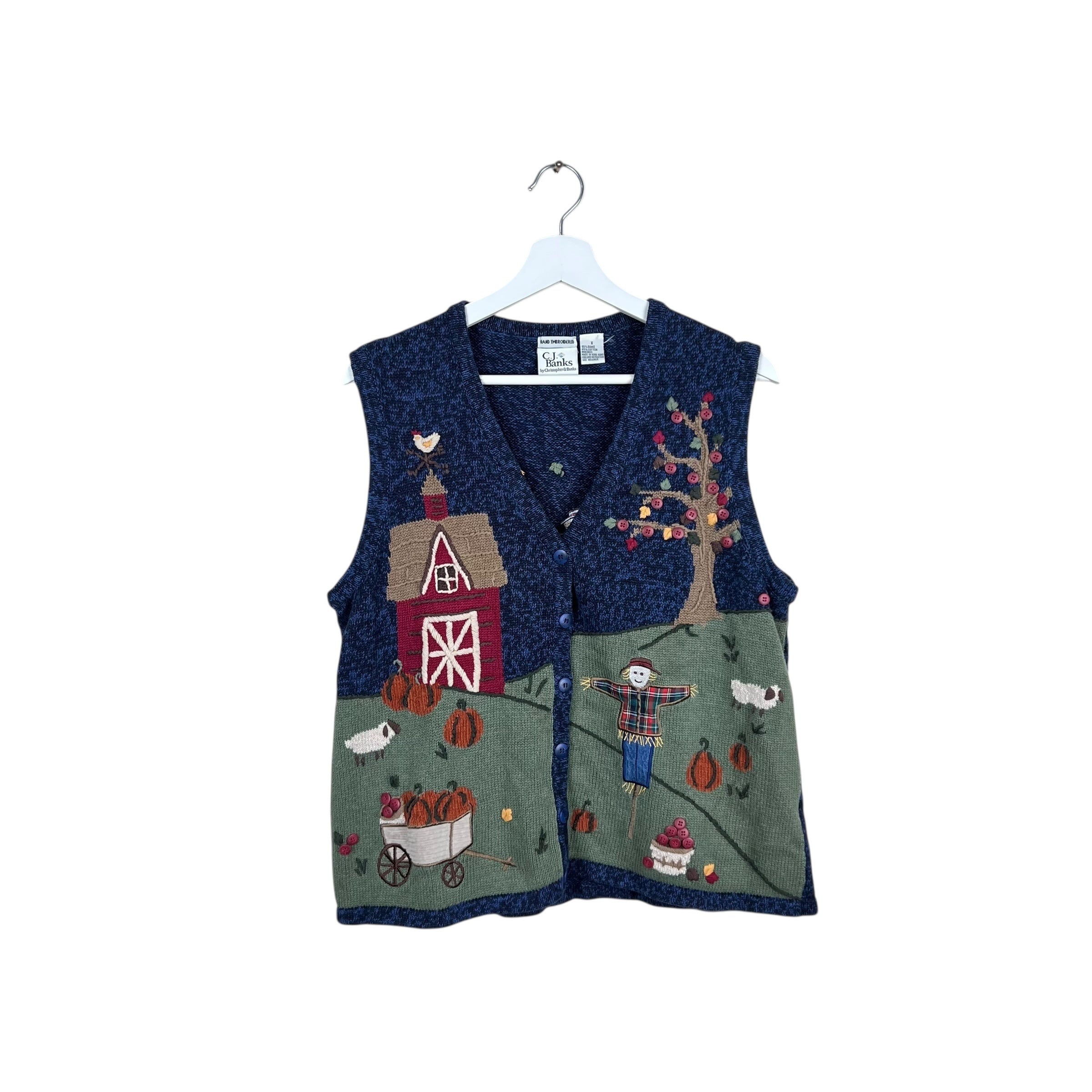 Vintage C.J. Banks Hand Embroidered Farm Scenery Knit Vest