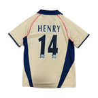 mestizo vintage Arsenal Thierry Henry 14 away jersey in gold and navy blue with a polo collar and red piping